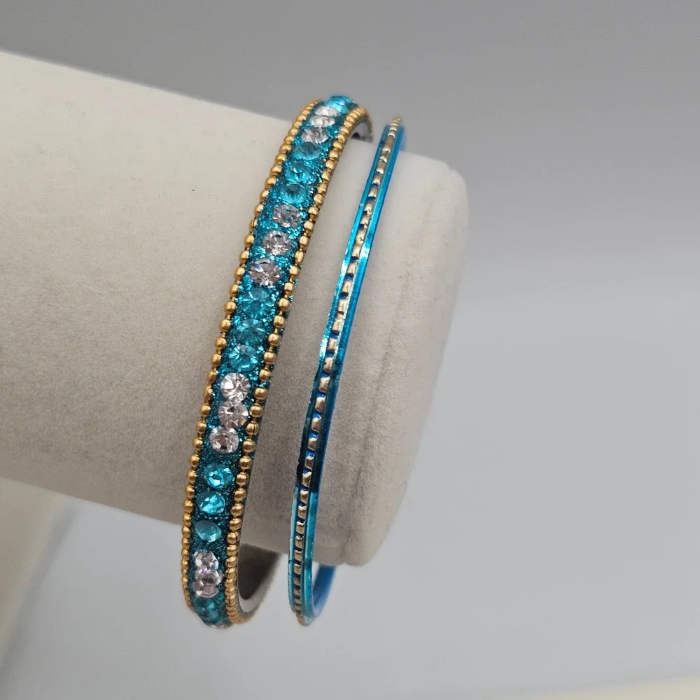 Rhinestone Bangle Bracelet + 1 Accent Bangle 2 Stackable Blue Teal Gold Tone